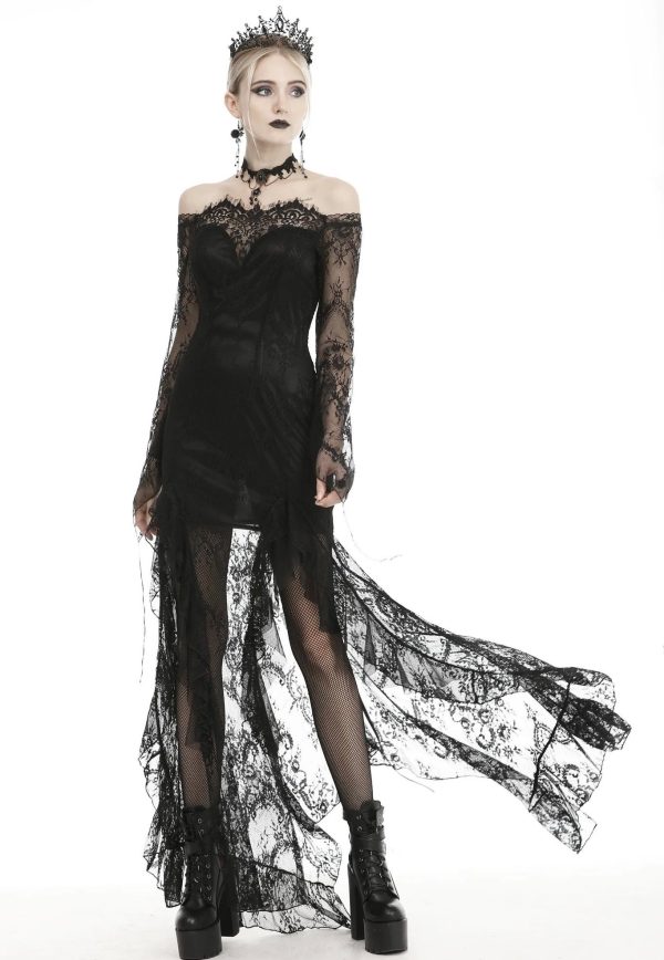 Dark in Love - Gothic Black Lace Frill Swallow Tail Mermaid - Dress on Sale