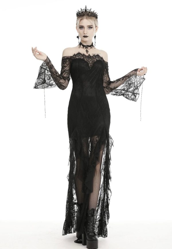 Dark in Love - Gothic Black Lace Frill Swallow Tail Mermaid - Dress on Sale