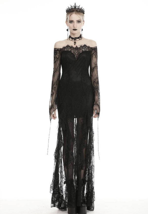 Dark in Love - Gothic Black Lace Frill Swallow Tail Mermaid - Dress on Sale